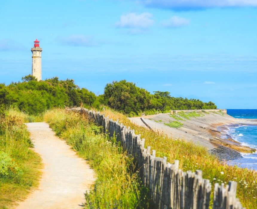 Un chemin de terre bordé de fleurs sauvages et d'une clôture en bois mène à un phare lointain entouré de verdure sur la côte atlantique, avec le rivage et l'océan bleu sur la droite sous un ciel clair - parfait pour une balade en vélo de La Rochelle à Royan. - Ekilib