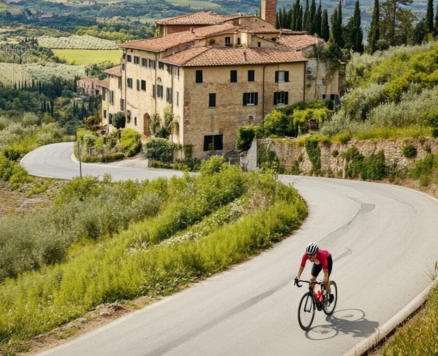 Un cycliste en maillot rouge roule sur un vélo de route dans un virage sur une route pavée, passant devant un grand bâtiment rustique - peut-être recommandé par une agence de voyage vélo - au milieu d'une verdure luxuriante et de collines ondulantes. - Ekilib