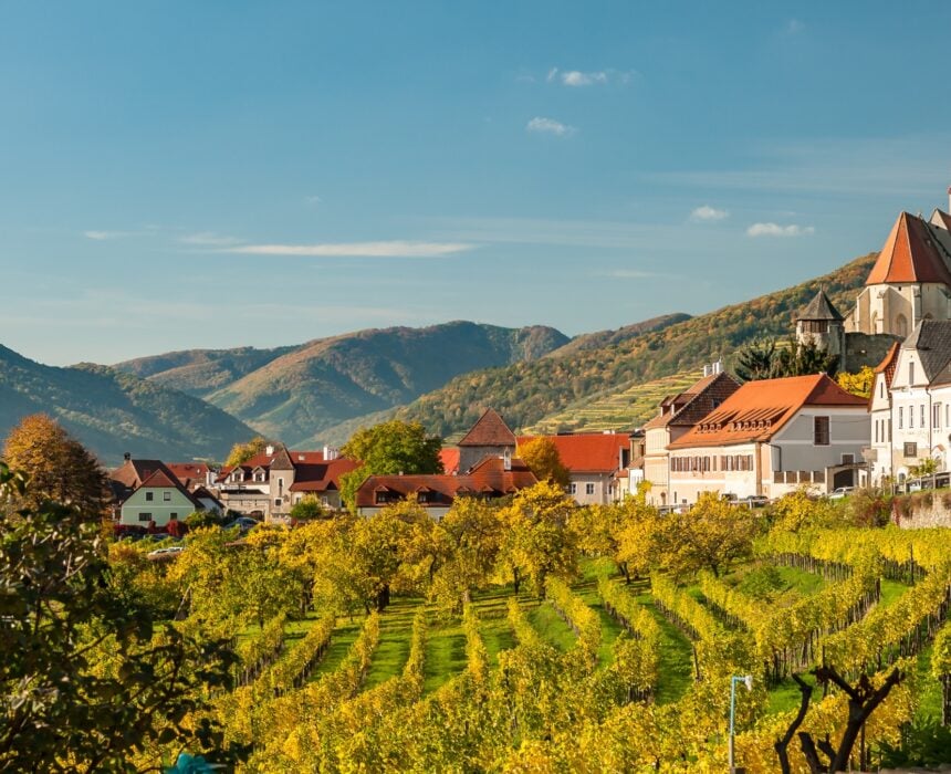 Un petit village européen avec des bâtiments aux toits rouges et une église à la silhouette élancée se trouve à côté de rangées de vignobles verdoyants le long de la route Vélo Danube de Passau à Vienne, encadré par des collines ondulantes et un ciel bleu en arrière-plan. - Ekilib