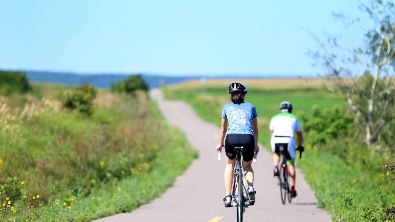 Deux cyclistes casqués empruntent la piste cyclable du Lac Saint Jean dans un paysage rural et verdoyant par une journée ensoleillée. Ils se dirigent vers le lointain, l'herbe et les fleurs sauvages bordant la piste pavée panoramique. - Ekilib