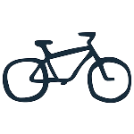 Dessin simple au trait noir d'une bicyclette avec deux roues, une selle et un guidon sur un fond gris clair.