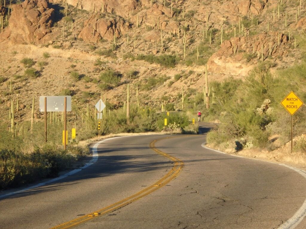 Une route sinueuse dans le désert avec un panneau jaune Watch Rocks, entourée de cactus et de collines rocheuses sous la lumière du soleil ; deux personnes sont visibles au loin près du bord de la route. - Ekilib