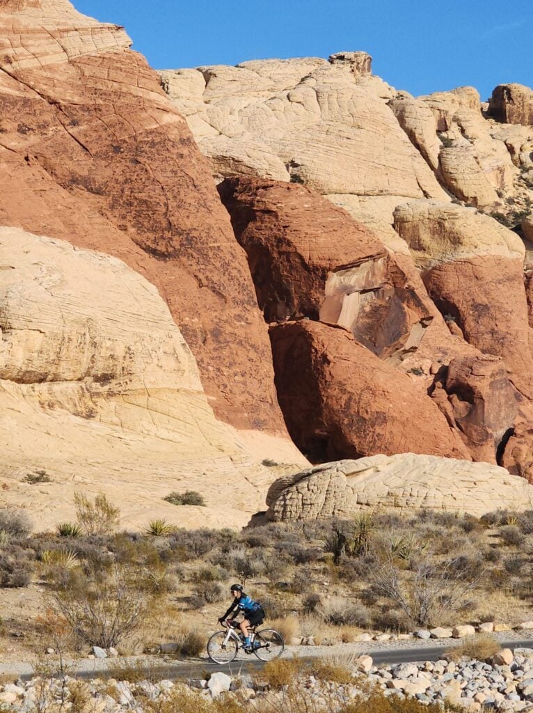 Une personne roule à vélo sur un chemin pavé dans un paysage désertique, avec de grandes formations rocheuses rouges et beiges s'élevant à l'arrière-plan sous un ciel bleu clair. - Ekilib