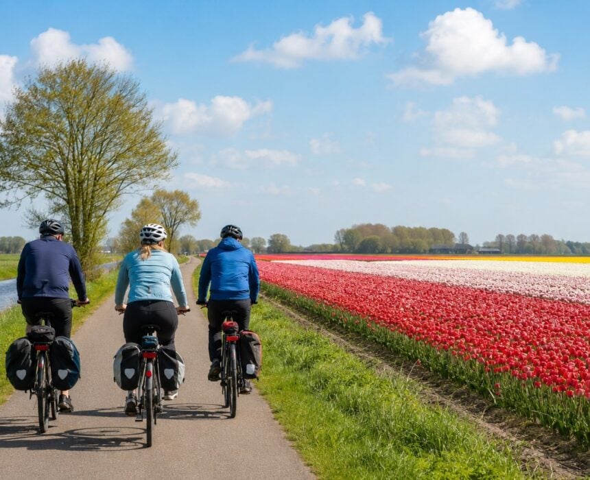 Trois cyclistes roulent sur une piste cyclable entre un cours d'eau et des champs de tulipes rouges et jaunes aux couleurs éclatantes, sous un ciel bleu parsemé de nuages. Des arbres bordent la piste à l'arrière-plan. - Ekilib