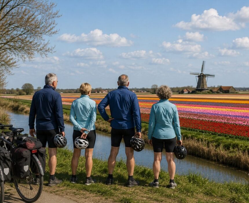 Quatre adultes en tenue de cycliste se tiennent près d'un canal, leur casque à la main, et contemplent les champs de tulipes colorés ainsi qu'un moulin à vent au loin. Deux vélos équipés de sacoches sont garés sur la piste cyclable à proximité, sous un ciel bleu parsemé de nuages. - Ekilib